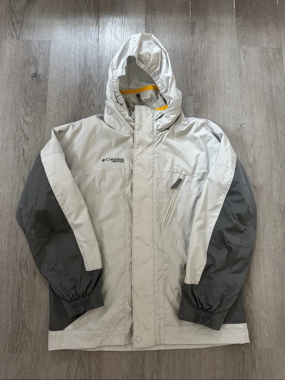 Columbia Two-Tone Hooded Rain Jacket in Light Gray and Charcoal